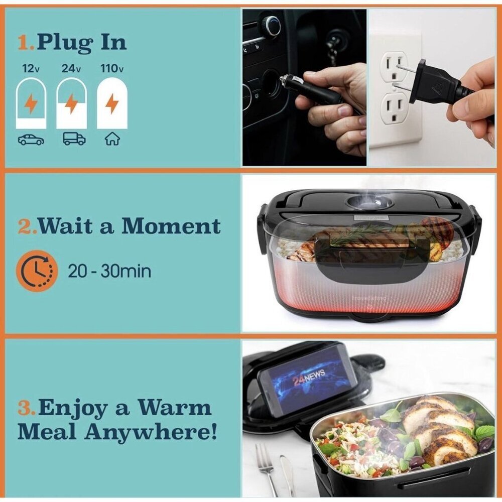 TRAVELISIMO Electric Heated Lunch Box 100W 1.5 L Portable Food Warmer 12/24/110V - Picture 8 of 10